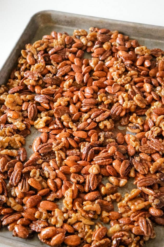 Sugar & Spice Candied Nut Mix Poured On Cookie Sheet