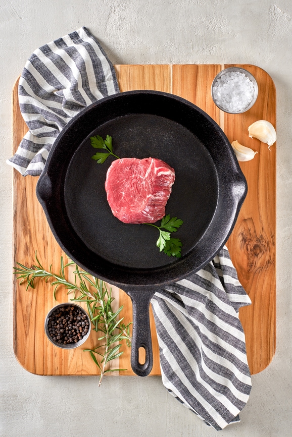 Raw Steak in Skillet