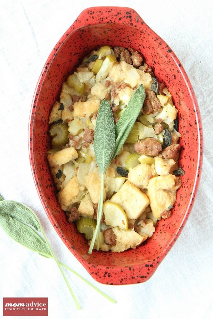 Make-Ahead Apple, Sausage, And Sage Sourdough Stuffing from MomAdvice.com.