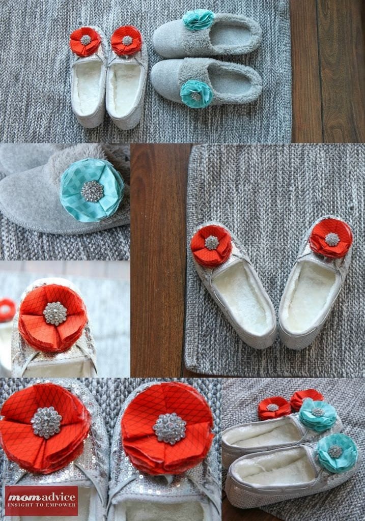 Add cute fabric flowers to slippers to make a personalized gift.