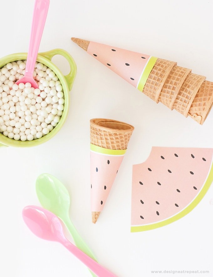 Free-Printable-Watermelon-Icecream-Cone-Wrappers via Design Eat Repeat