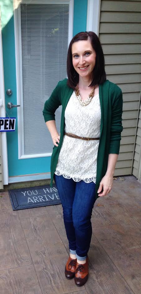 green cardiagn + lace shirt + leopard print belt + rolled skinny jeans + oxfords