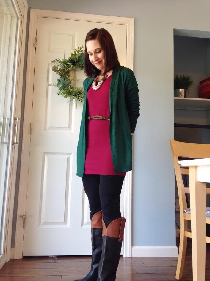 burgundy tank + green cardigan + leggings + statement necklace + two toned boots
