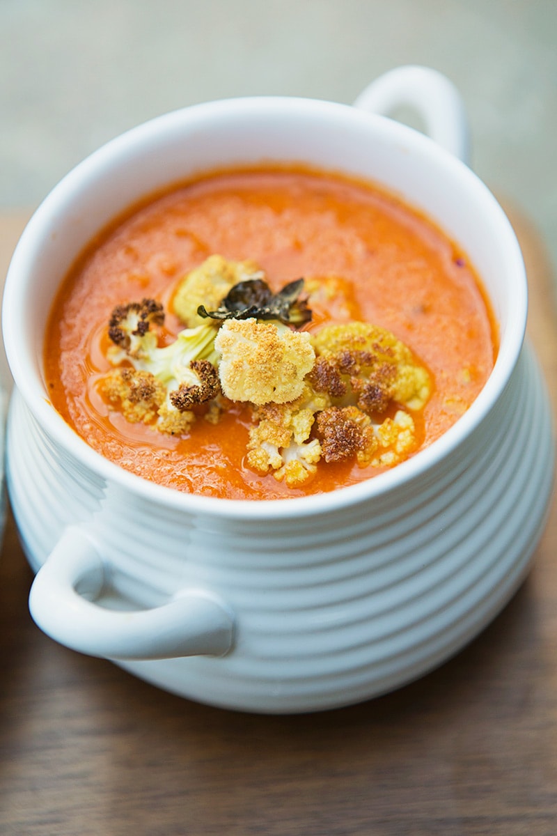 Tomato Soup with Roasted Cauliflower Crumble