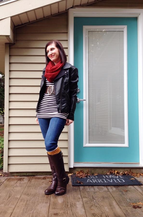 stripes + moto jacket + scarf + boot socks + brown boots