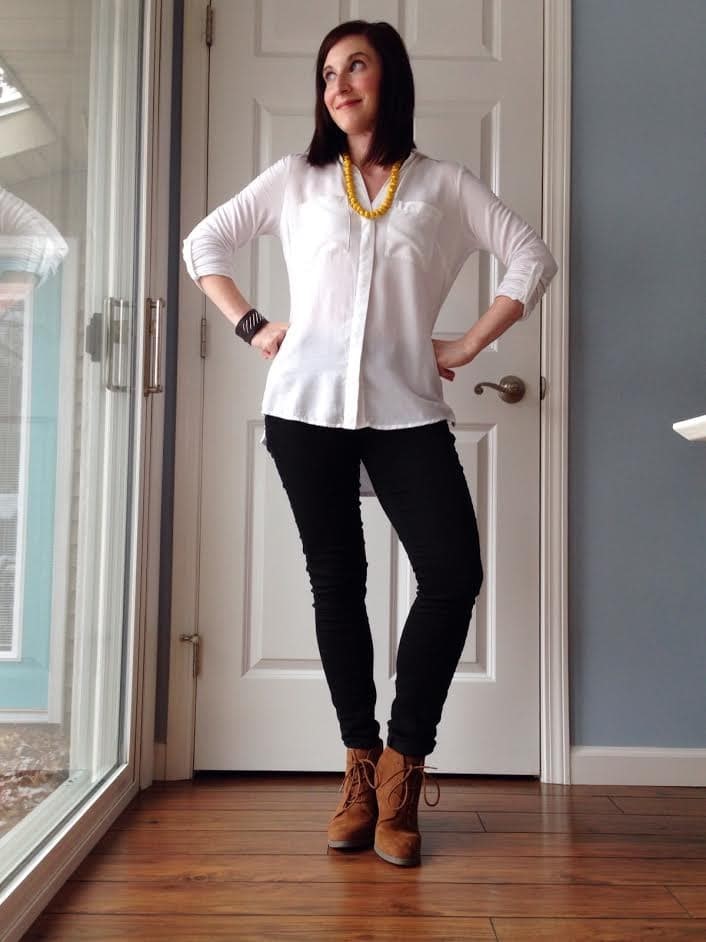 white shirt + rolled black jeans + camel booties + statement necklace