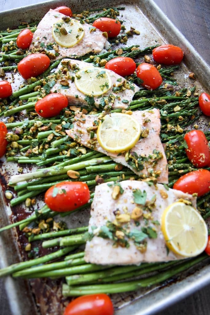 Sheet Pan Roasted Salmon and Asparagus With Pistachio Gremolata