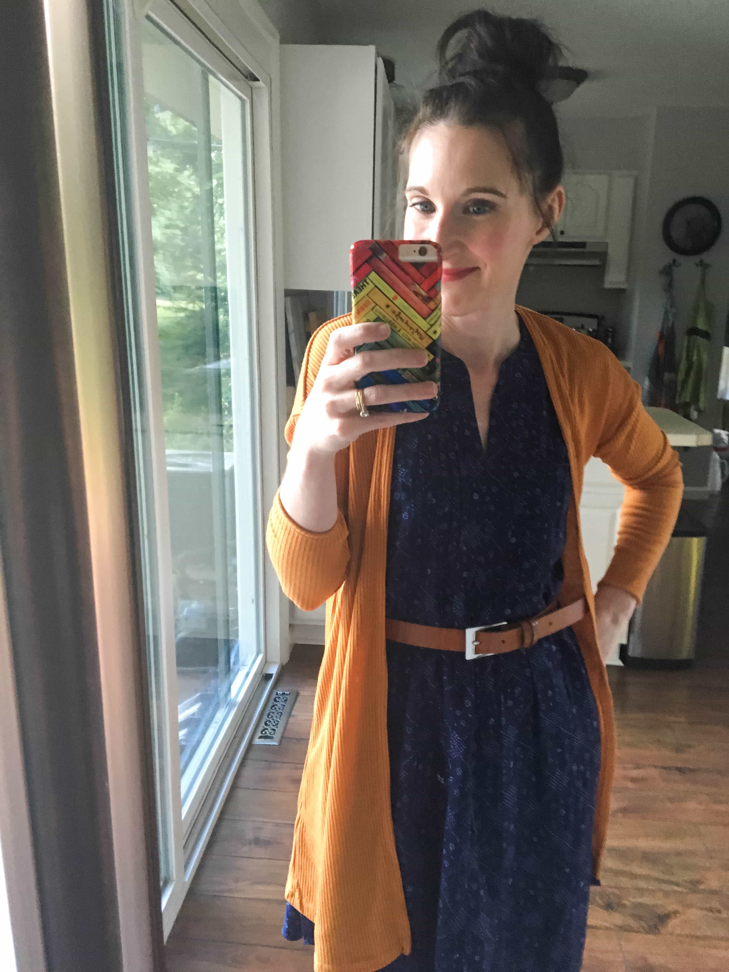 Blue Swing Dress, Mustard Sweater, & Tan Belt