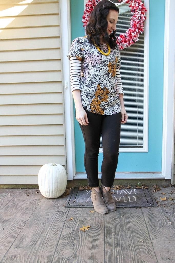 floral + stripes + mustard + nude booties