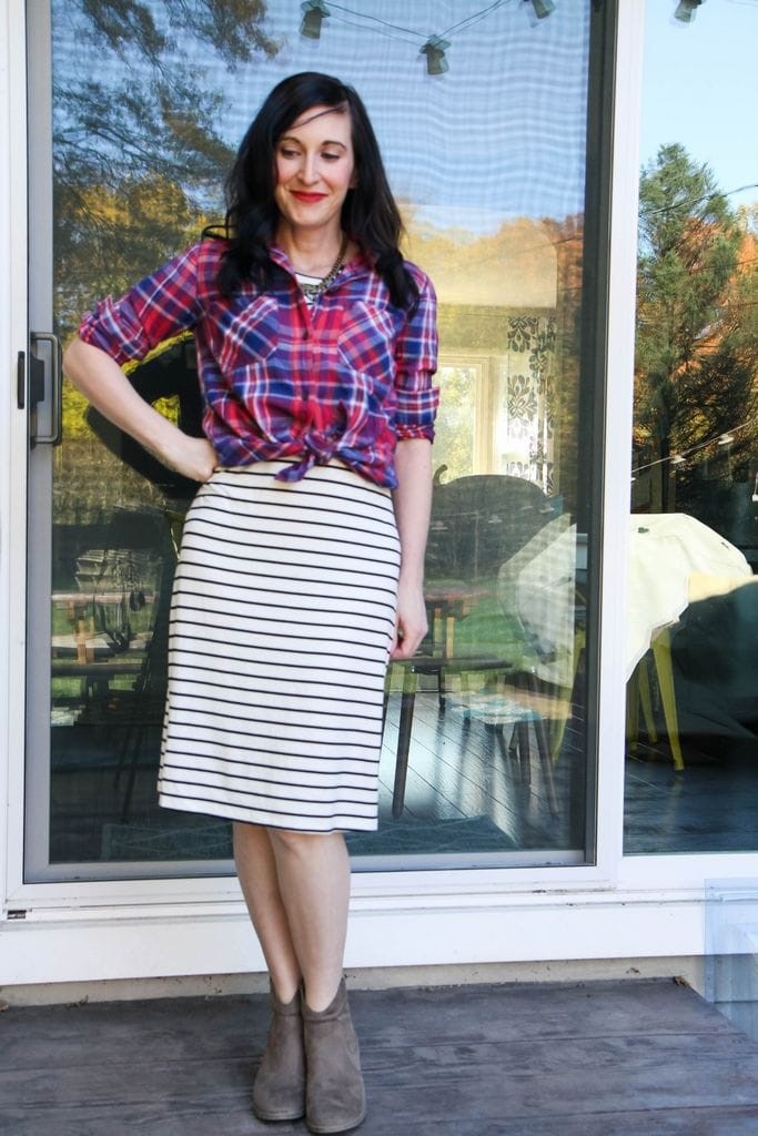 flannel shirt + striped dress + statement necklace + nude booties