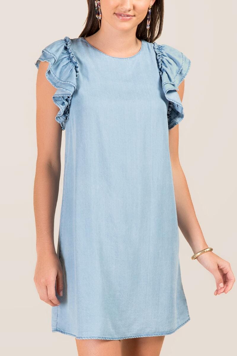 chambray ruffled shift dress