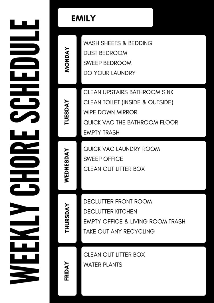 Creating a Weekly Cleaning Routine (Free Printable Charts) Chore Chart